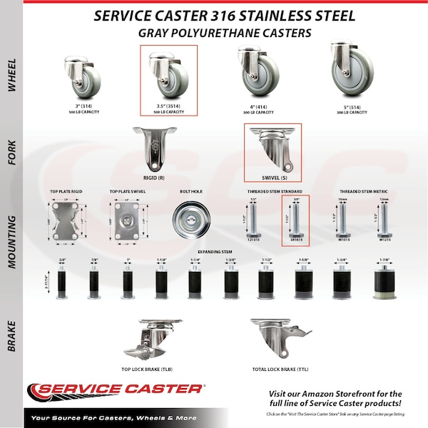 Service Caster 3.5 Inch 316SS Gray Polyurethane 3/8 Inch Threaded Stem Caster Lock Brake, 2PK SS316TSTTL20S3514-PPUB-381615-2-S2 - main